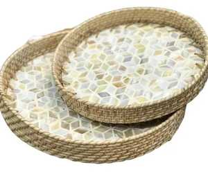 Plateau de service rond décoratif en nacre et rotin, écologique, passe au lave-vaisselle, poli, pour décoration de mariage - Product Image 1