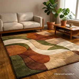 Tapis rectangulaire tufté en peluche abstrait VibranceCarpetArt, moderne, pour salon, en laine et acrylique, avec support en caoutchouc - Product Image 4