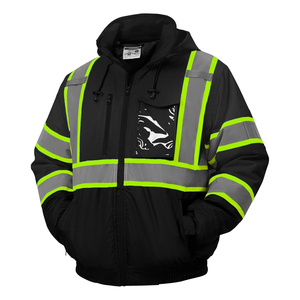 Hooded High Visibility Work <b>Jacket</b> Men's Reflective Striped <b>Zipper</b> Bomber Winter Safety Coat <b>with</b> <b>Pockets</b> - Product Image 1