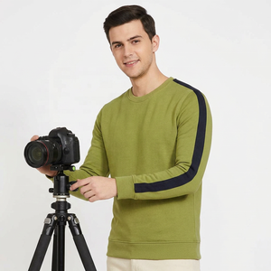 Men's Olive Green Crew Neck Pullover <b>Sweatshirt</b> With <b>Navy</b> Side Stripe Regular Fit Casual Knitted Sweater Autumn Wear - Product Image 2