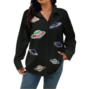 Chemises décontractées tendance pour femmes 2026, en patchwork, en coton simple, à manches longues, col rabattu, broderie soleil et étoiles, respirantes - Product Image 2