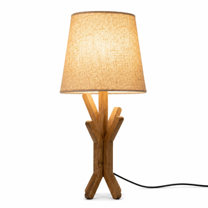 Lampe de table scandinave en bois artisanal avec abat-jour en lin blanc E27 LED Lumière chaude 2700K pour l'éclairage décoratif de la chambre - Product Image 1