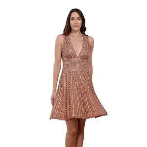 Elegant <b>Rose</b> <b>Gold</b> <b>Sequin</b> <b>Dress</b> For Plunging V-Neck Sleeveless Evening <b>Dress</b> Shimmering Pleated Cocktail Party <b>Dress</b> - Product Image 4