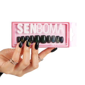 Ongles artificiels à presser personnalisés, courts, carrés, pailletés, style amande française, avec colle, aspect naturel, en ABS, marque privée - Product Image 4