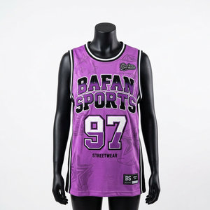Camiseta de baloncesto para mujer, premium, 160 GSM, tela de malla de poliéster, panel lateral morado y negro, sin mangas, logotipo sublimado personalizado, algodón - Product Image 6