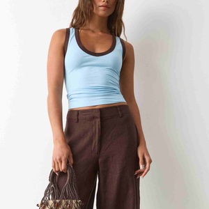 Débardeur côtelé à col rond pour femme, dos nageur, couleur unie, coupe courte, sans manches, idéal pour le sport, l'entraînement, la course et le yoga - Product Image 5