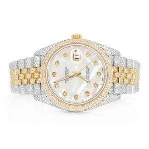 Montre de luxe Shanghai à mouvement quartz, style diamant, avec moissanite, cadran en nacre, bicolore or, verre serti, pour hommes et femmes - Product Image 1