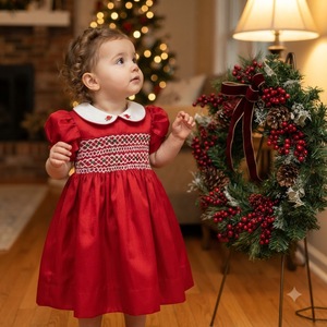 Vestido Ecológico de Navidad, Invierno, Bonito, Rojo, Satinado, Bordado a Mano, Precio de Fábrica, ODM OEM, Estilo Inglés Tradicional, Corte en A - Product Image 1