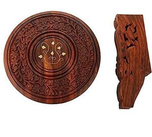 Wood <b>Folding</b> Side <b>Table</b> | Handcrafted Wooden Round <b>Table</b> with Traditional Carving & Inlay Work | Living Room - Product Image 3