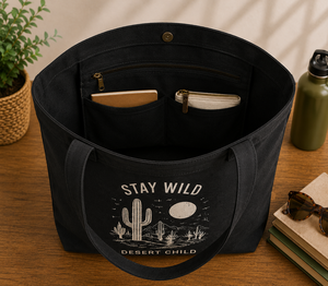 Stay Wild Desert Child <b>Canvas</b> <b>Tote</b> Bag Black Large Customized Closure Top Handle Screen Print Design for Shopping & Travel - Product Image 5