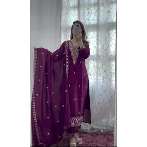 Fancy Chinon Silk Embroidery Sequence Work <b>Top</b> Bottom with Dupatta Lavender - Product Image 1
