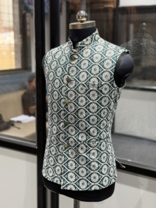 Royal Emerald Zari Embroidered Nehru <b>Jacket</b> for Men Heritage Floral Wedding Waistcoat Luxury Indo Western Modi Vest - Product Image 3