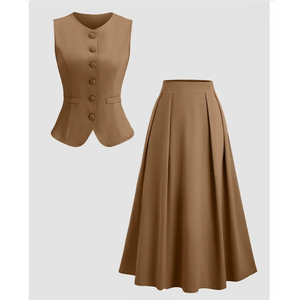 Ensemble coordonné marron clair : Gilet et jupe plissée parapluie, ensemble 2 pièces assorti, jupe midi plissée marron - Product Image 1