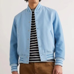 Blouson universitaire bleu ciel pour homme, couleur unie, col montant côtelé, fermeture à boutons-pression, coupe droite, style décontracté, vêtement d'extérieur universitaire - Product Image 5