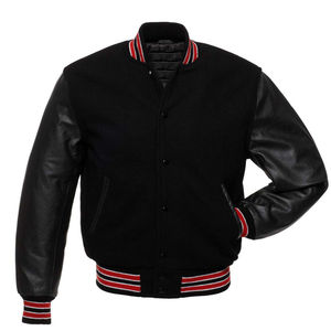 Unisex <b>Black</b> <b>Varsity</b> <b>Jacket</b> Wool Blend Sleeves <b>Red</b> White Trim Covered Button Closure Casual College Style Winter Wear Customized - Product Image 1