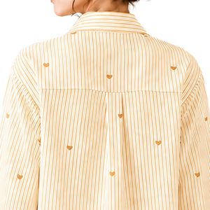 Chemisier ample décontracté en coton à rayures jaunes et blanches pour femme, avec broderie cœur, manches longues et boutonnage - Product Image 6