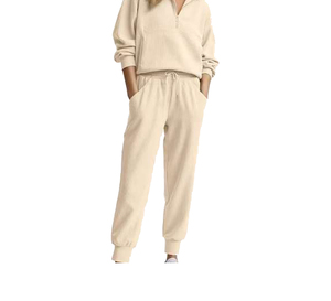 Women's Autumn Hooded Breathable Solid Color Front Logo 2-in-1 Design Casual Loose Fit Polyester/Cotton Sweatshirt Joggers Pants - Product Image 2