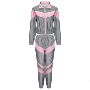 Conjunto Deportivo Cortavientos Gris y Rosa para Mujer, Manga Larga, Cierre de Cremallera, Pantalones con Cordón Ajustable, Bolsillos Laterales, Ligero, Poliéster/Nailon, Casual, Verano - Product Image 1