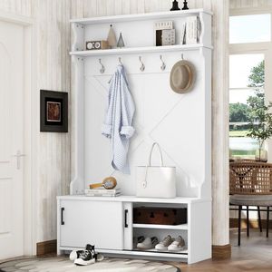 White Hall Tree Coat Rack with 5 <b>Hooks</b> and Storage Bench Entryway Bench with Drawer <b>Display</b> Shelf for Hallway - Product Image 6