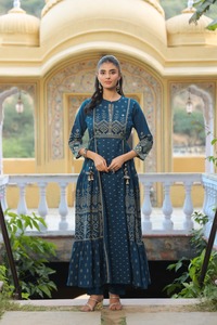 Premium 60x60 Cotton Blue Anarkali Suit Set for Women with Dupatta Traditional Ethnic Wear Wholesale - Product Image 1