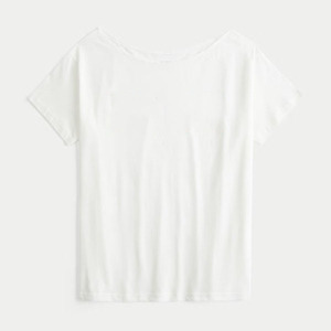 T-shirt blanc pour femme, épaules dénudées, manches courtes, 100% coton jersey, coupe ample, décontracté, couleur unie, col rond, respirant, longueur normale - Product Image 2