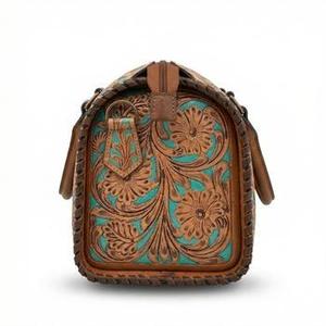 2026 New Arrival Luxury Hand-Tooled Full Floral Carved With Turquoise Green Stone <b>Studded</b> 100% Genuine Leather Speedy Duffle <b>Bag</b> - Product Image 4