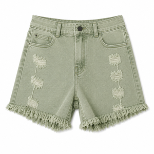 Shorts de mezclilla desgastados con dobladillo deshilachado, cintura media, casuales de algodón para mujer, estilo urbano de verano, OEM ODM - Product Image 3