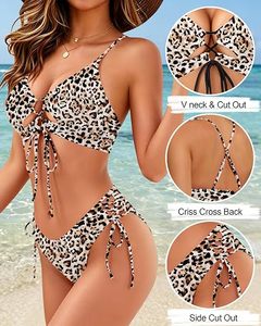 Ensemble bikini imprimé léopard pour femme, haut croisé à nouer, bas à nouer sur les côtés, maillot de bain deux pièces extensible et tendance - Product Image 6