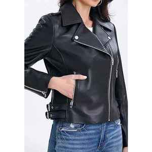 Women's New Solid-Color Square Collar Leather <b>Jacket</b> With Zipper Simple Style <b>Short</b> Length for Winter - Product Image 2