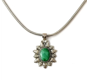Women's Handcrafted 925 Sterling Silver Oval <b>Emerald</b> Floral Design <b>Pendant</b> Retro Festive Style Daily Wearable Jewelry - Product Image 3