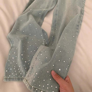 Nouveau Jean Femme 2026 Coupe Droite Taille Haute Effet Délavé avec Strass et Jambes Larges, Personnalisable avec LOGO - Product Image 2