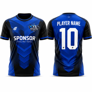 Hot Sale Blue Black Geometric <b>Soccer</b> Jersey Men's Short Sleeve Moisture Wicking Sublimated Crew Neck for Adult - Product Image 1