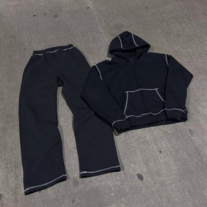 Ensemble de survêtement baggy personnalisé pour homme avec coutures contrastées, impression DTG et passepoil, comprenant un sweat à capuche et un pantalon de survêtement, deux pièces - Product Image 1