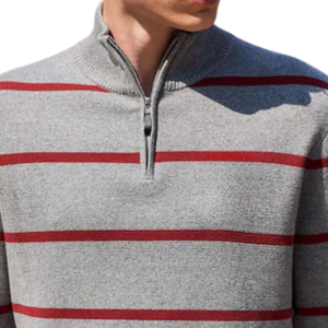Pull en maille rayé gris et rouge en mélange de coton pour homme, col montant, manches longues, fermeture éclair quart de tour, décontracté, pour l'hiver et le quotidien - Product Image 5