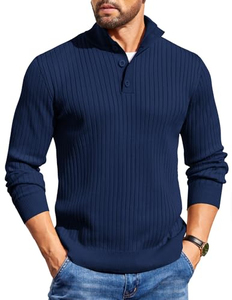Pull en laine/acrylique respirant à manches longues uni pour homme, couleur bleu marine, vêtements d'hiver - Product Image 1