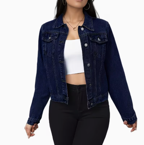 Hardihood International Veste en jean bleu foncé pour femme, boutonnée, effet vieilli, imprimé floral, strass, en coton - Product Image 1