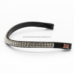 Bandeau de tête pour cheval en cuir véritable fait main avec logo personnalisé, décoré de 3 rangées de cristaux blancs et de diamants scintillants. - Product Image 2