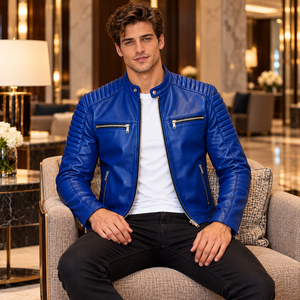 Veste en cuir véritable pour homme, style vintage, avec détails matelassés sur les manches, surface gaufrée, ourlet ceinturé, collection streetwear moderne - Product Image 5