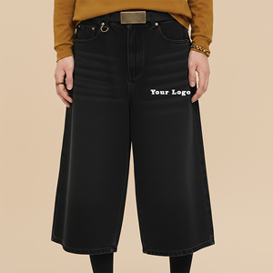 OEM/ODM Custom Made Baggy Fit <b>Long</b> Length Black Denim Jorts For <b>Men</b> High Waist Washed Hip Hop Style Fashionable Denim <b>Shorts</b> - Product Image 3