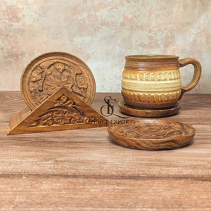 Hand-Carved Wooden <b>Coaster</b> <b>Set</b> With Stand. Antique Floral Embossed Design Round Shape Drink Mats For Rustic Table Decoration - Product Image 3