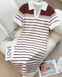 Women's Breathable Midi Striped Polo Collar Knit Dress Short Sleeve Casual Summer Button Bodycon Sweater - Product Image 1