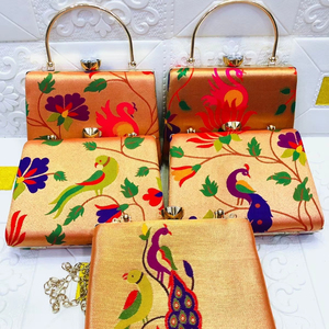 Luxury <b>Peacock</b> Print Silk Clutch <b>Bag</b> with Metal Handle | Designer Wedding Evening Handbag for Women | Indian Ethnic Party Purse - Product Image 1