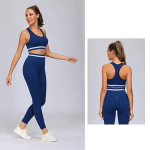 ชุดโยคะไร้รอยต่อ 2 ชิ้น เสื้อครอปเอวสูงแบบ Racerback กางเกงเลกกิ้งขายาว สีพื้น ชุดกีฬาสำหรับผู้หญิง - Product Image 4