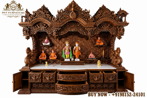 Grand Hand-Carved Wooden Temple for Home Big Size Teak Wood Peacock Carving Pooja Mandirs Customized <b>Large</b> Pooja Units for Sale - Product Image 5