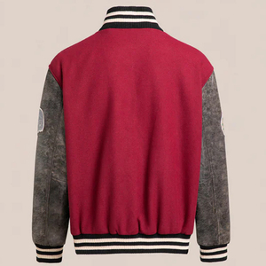 Found Men's Red Varsity <b>Jacket</b> With Embroidered <b>Patches</b> And Leather Sleeves Preppy Style Autumn Wear - Product Image 2