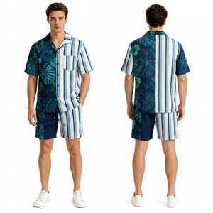 Conjunto de Shorts Hawaianos Casuales Ligeros de Poliéster de Alta Calidad con Estampado Moderno de Rayas Teal - Product Image 1