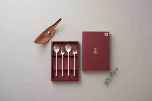 NOBBAN Premium Korean Traditional <b>Dessert</b> Cutlery Set 4-Piece Metal Spoon <b>Fork</b> Red Gift Box Use Cultural Royal Heritage - Product Image 1