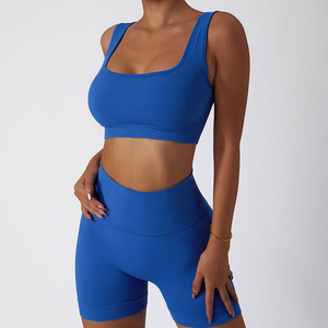 Conjunto de Yoga de Dos Piezas para Mujer, Color Sólido, Cintura Alta, Top Corto Sin Costuras, Pantalones Cortos, Spandex, Poliéster, Ropa Deportiva - Product Image 2