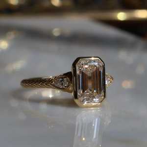 2.50 CT <b>Emerald</b> Cut Moissanite Engagement <b>Ring</b>, Bezel Set Wedding <b>Ring</b>, Art Deco Engraved Shank, 14K Gold Anniversary Gift - Product Image 5