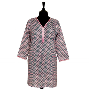 SALE <b>Long</b> KURTA TOPStyle 2 Grey and Rust with <b>White</b> motif 100% lightweight V-neck <b>Long</b> <b>Sleeve</b> <b>Top</b> For Women - Product Image 2